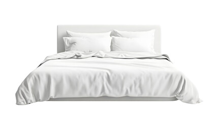 Luxurious king-size bed with fresh white sheets isolated on pure white background for interior design and hospitality concepts