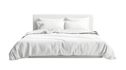 Luxurious king-size bed with fresh white sheets isolated on pure white background for interior design and hospitality concepts
