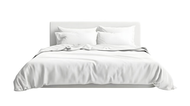 Luxurious king-size bed with fresh white sheets isolated on pure white background for interior design and hospitality concepts