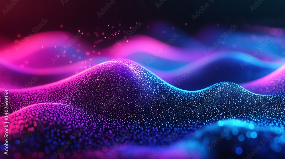 Poster Vibrant color waves in an abstract composition with glowing particles and smooth gradients : Generative AI