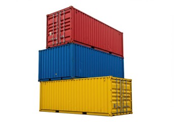 Stacked shipping containers in red blue and yellow colors isolated against a white background view