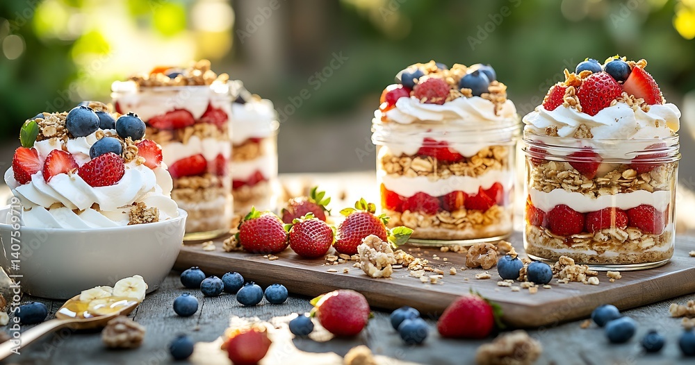 Poster Delicious Layers of Fresh Fruits and Creamy Whipped Topping in Jars for a Tasty Dessert Display : Generative AI