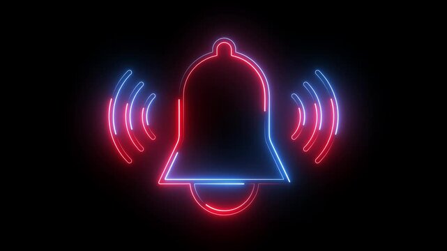 A neon notification icon glowing in bright red, featuring a bold bell with a small dot, symbolizing alerts, reminders, updates, and messages in a digital environment.