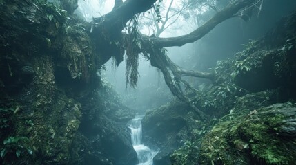 Misty Forest Gorge with Waterfalls