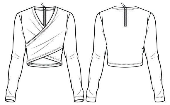 Women's  Surplice cross wrapped Crop top T Shirt flat sketch fashion illustration drawing template mock up with front and back view, Long sleeve cropped blouse top