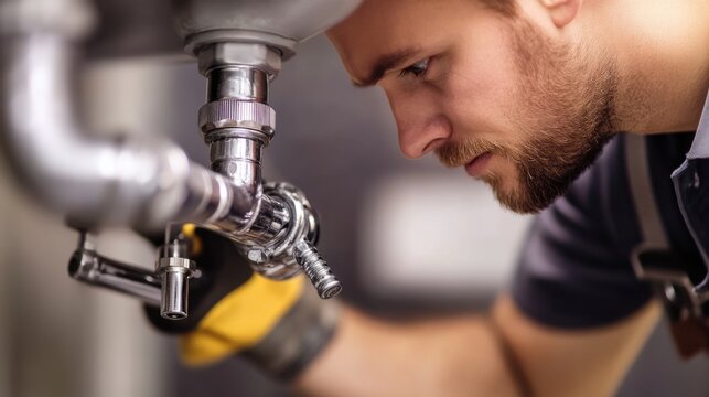 Plumber tightening pipe fittings under a sink. Featuring attention to detail and skill