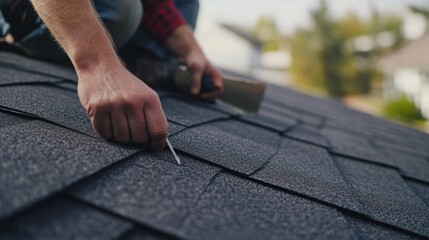 Construction worker fastening roof shingles. Featuring focus and care