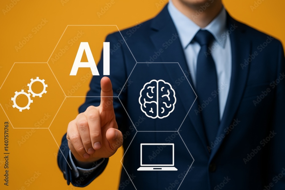 Poster businessman touching virtual screen with ai inscription, integrating artificial intelligence into bu