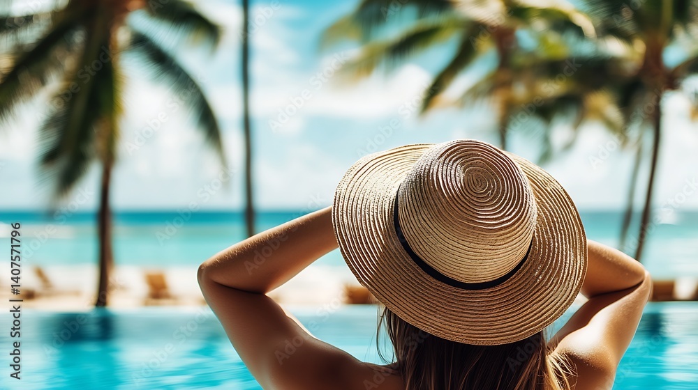Aufkleber woman relaxing at tropical resort pool under bright sun wearing a stylish straw hat while enjoying t