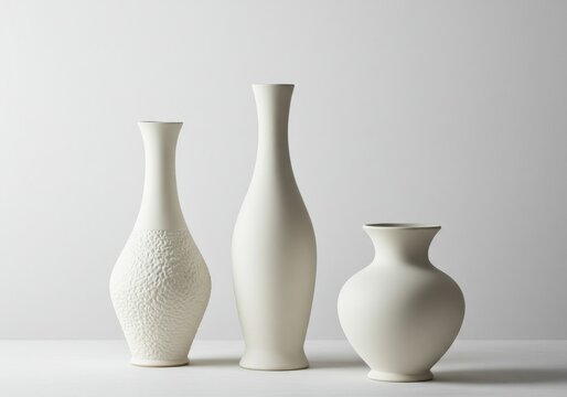 A still life of three white vases of varying shapes and sizes against a white background in a studio