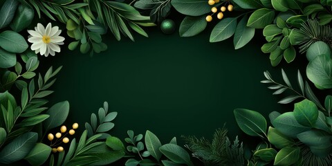 Lush green foliage frame with white flower and yellow berries, perfect for nature-themed designs.