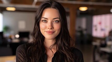 Obraz premium Confident Female CEO with Long Dark Hair in Modern Office Setting