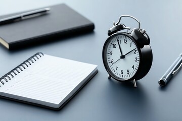 Deadline reminder scene desk clock, task list in notebook, and marked calendar on blue