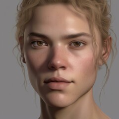 Fototapeta premium A highly detailed, hyper-realistic close-up portrait of an AI-generated human face. This digital artwork features lifelike skin textures, expressive eyes, and natural lighting.