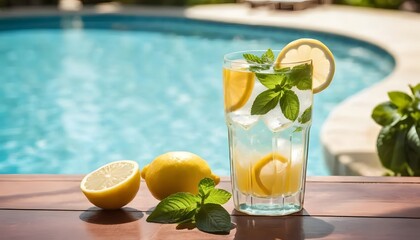 Fototapeta premium Refreshing summer lemonade by the poolside vacation vibes outdoor relaxation bright environment close-up view