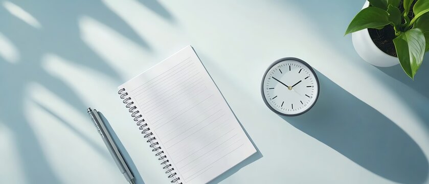 Time and task management items alarm clock, calendar, and notebook with checklist on blue table
