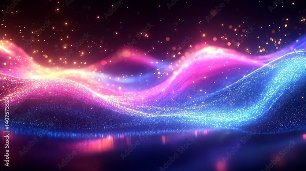 Poster Vibrant digital waves of light creating a stunning visual display with glowing particles and abstract colors : Generative AI