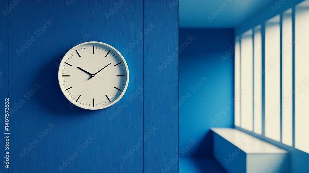 Poster stylish wall clock in modern blue room with large window designed for contemporary aesthetic : gener