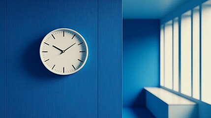 Stylish wall clock in modern blue room with large window designed for contemporary aesthetic : Generative AI