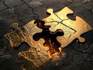 Fototapeta premium Golden puzzle pieces on a cracked arid surface