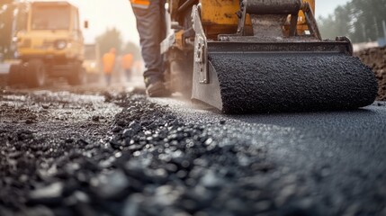 Road construction worker paving a new road. Featuring teamwork and precision