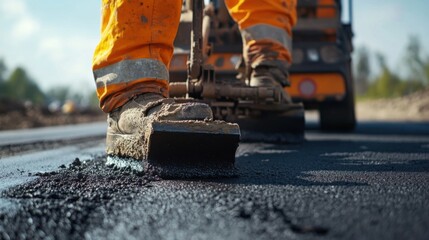 Road construction worker paving a new road. Featuring teamwork and precision