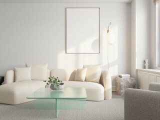 poster mockup in cozy simple modern living room with minimalist sofa. 3d illustration