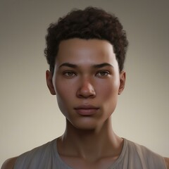 Obraz premium A highly detailed, hyper-realistic close-up portrait of an AI-generated human face. This digital artwork features lifelike skin textures, expressive eyes, and natural lighting.