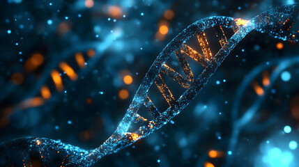 Fototapeta premium The luminous secrets of DNA, a mesmerizing dance of life's code in deep blue and fiery orange hues.