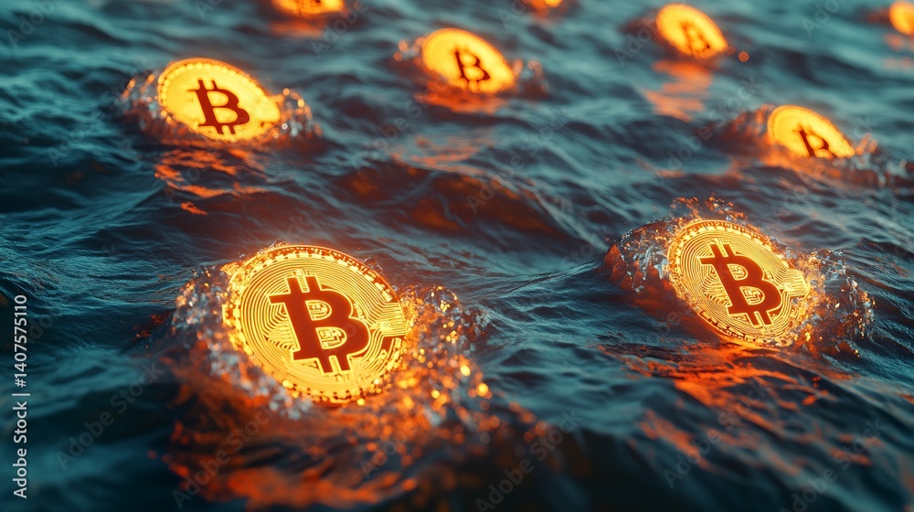 Poster Digital Rendering of Bitcoin Coins Surrounded by Surging Waves in a Dramatic Setting : Generative AI