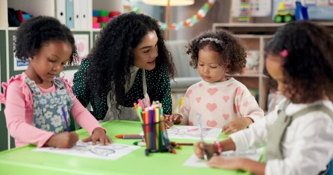 Woman, teacher and kids with drawing in kindergarten classroom for early childhood development. Female person, educator or instructor helping children for youth, fun activity or coloring at school