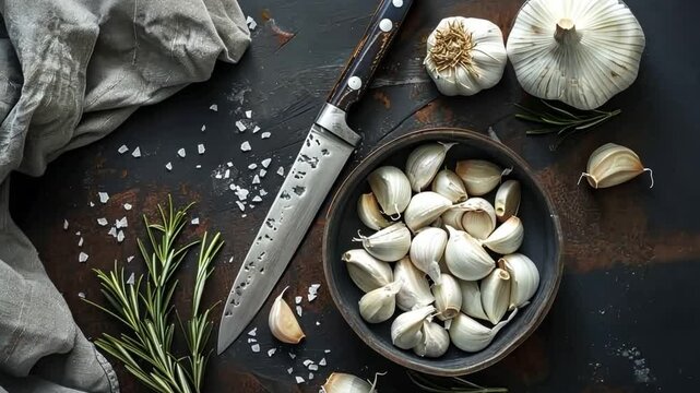 This footage showcases fresh garlic cloves alongside whole garlic bulbs. Perfect for cooking videos or food blogs. Capture the essence of culinary artistry. Generative AI