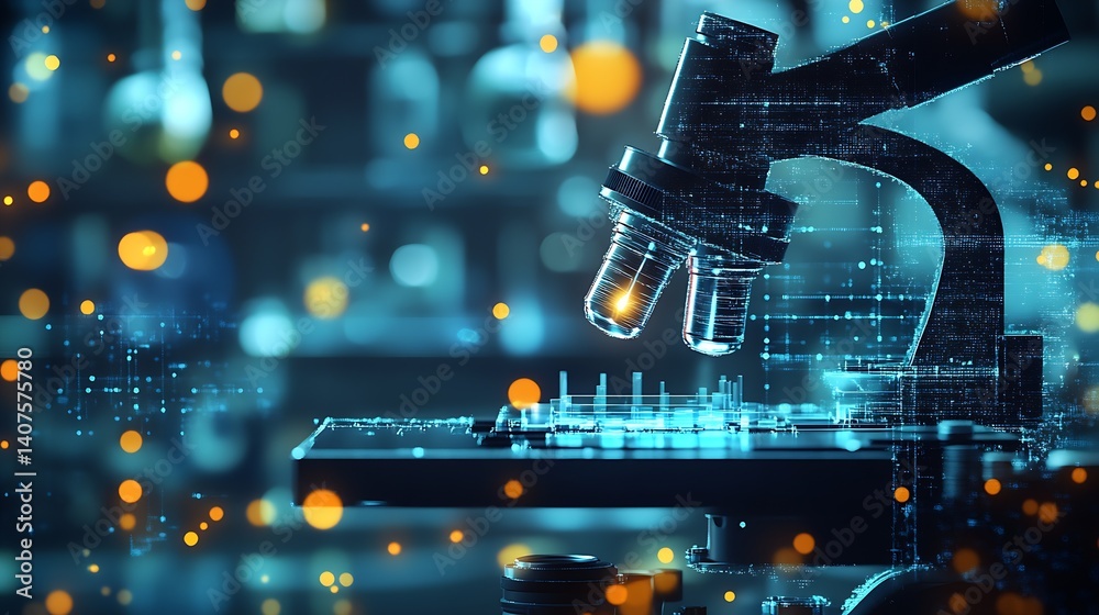 Poster Futuristic Microscope on Laboratory Table Surrounded by Blurred Laboratory Equipment in a Science Backdrop : Generative AI