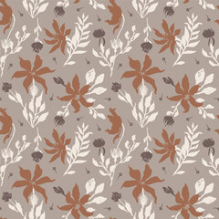 Seamless pattern with hand drawn flowers and leaves. Loose botanical repeat background. Rough florals wallpaper.