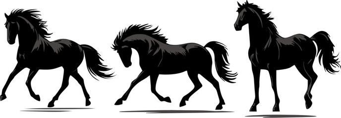 Elegant Horse Silhouette Vector Set – Powerful Running and Standing Horse Illustrations, tylish black horse silhouette vector set with running, standing, and walking horse poses in minimal design.
