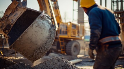 Construction worker guiding a cement mixer at a building site. Featuring teamwork and coordination