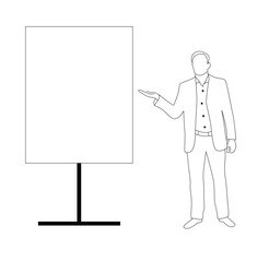 Business Man Line Art Pointing at Empty Advertisement Board. People at work and activities vector
