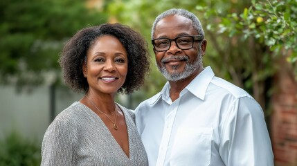 Fototapeta premium Happy mature Black couple posing outdoors with green foliage background. Showcase diversity, family values, or retirement lifestyle concepts.
