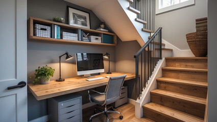 Gray office workspace under stairs. Wood desk with computer and lamps, shelf above. Wooden steps lead up, with black metal railing. Wicker basket on stairs.