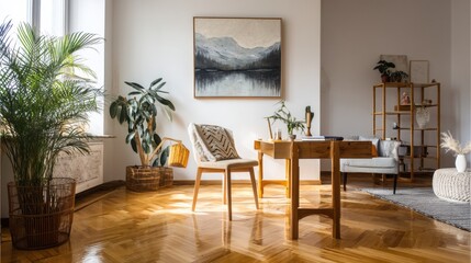 Bright home office with wooden floors and plants.
