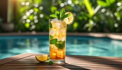 Refreshing summer vacation cocktail by the pool relaxation leisure tropical oasis close-up enjoying bliss