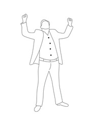 Happy Successful Winner Business Man Raising Hands High Line Art. People at work and activities vector, success and motivation to move on