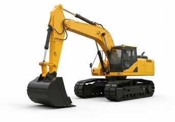 A yellow excavator with a black bucket and tracks on a white background in a studio shot