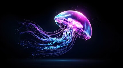 Vibrant jellyfish glowing in shades of blue and purple against a dark background.