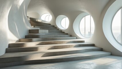 Obraz premium Interior staircase with concrete steps and rounded walls. Sunlight enters through round windows showing city buildings far away, creating shadows on light surface.