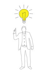 Line Art Business Man Pointing Finger at Light Bulb. People at work and activities vector, hints and bright ideas