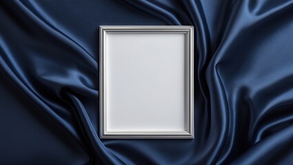Silver frame laying on dark blue satin. Fabric with wrinkles surrounding frame. Empty white space inside border awaits content.