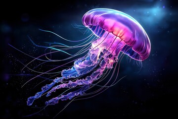 A vibrant, luminous jellyfish floating gracefully in deep blue waters.