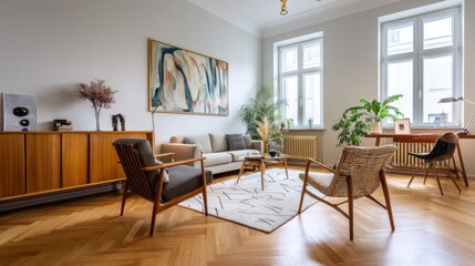 Mid-century modern living room with wooden floors and furniture.