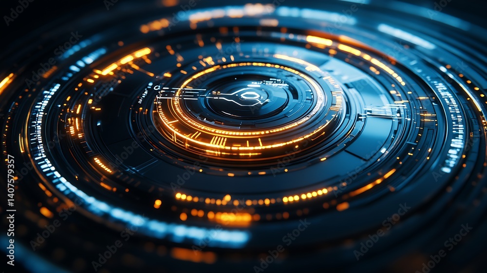 Aufkleber Futuristic digital interface design featuring glowing orange patterns on a sleek black background with circular motion effects : Generative AI